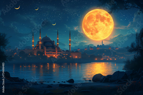 Modern Islamic holiday banner suitable for Ramadan, Raya Hari, Eid al-Adha and Mawlid. A lit lantern on an evening background. © Мария Фадеева