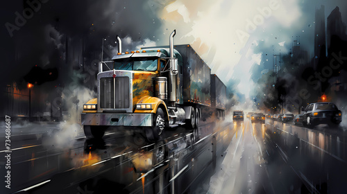 Illustration d'un gros truck américain dans un beau paysage
