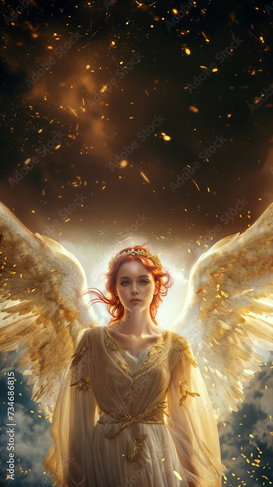 A beautiful angel with red hair and a tiara surrounded by falling golden sparks. She stands with her wings wide open, bright backlight, copy space, vertical banner 9:16. 