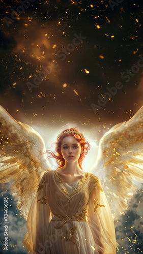 A beautiful angel with red hair and a tiara surrounded by falling golden sparks. She stands with her wings wide open, bright backlight, copy space, vertical banner 9:16. 