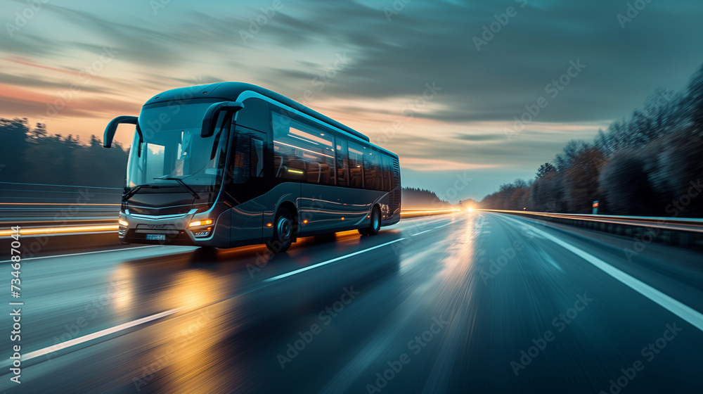 Sleek passenger bus driving on the highway, motion blurred background.