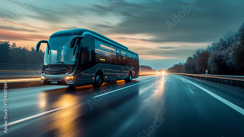 Sleek passenger bus driving on the highway, motion blurred background.