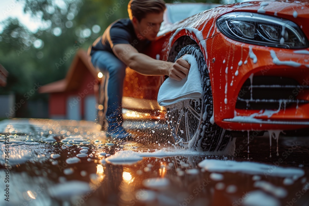 Washing a Car in the Rain: A Monthly Event for Car Enthusiasts Generative AI - obrazy, fototapety, plakaty 