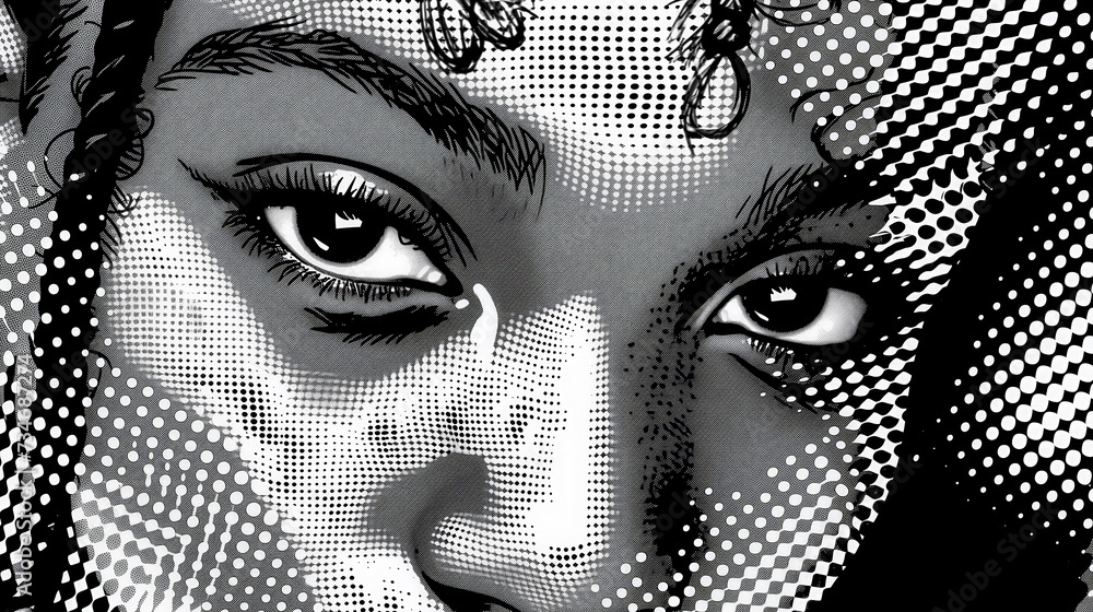Close-up of a face with dotted halftone pattern.