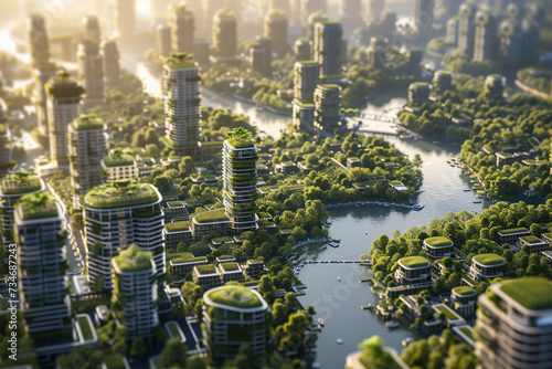 3D render demonstrating a harmonious blend of urban development and natural preservation in a future world scenario