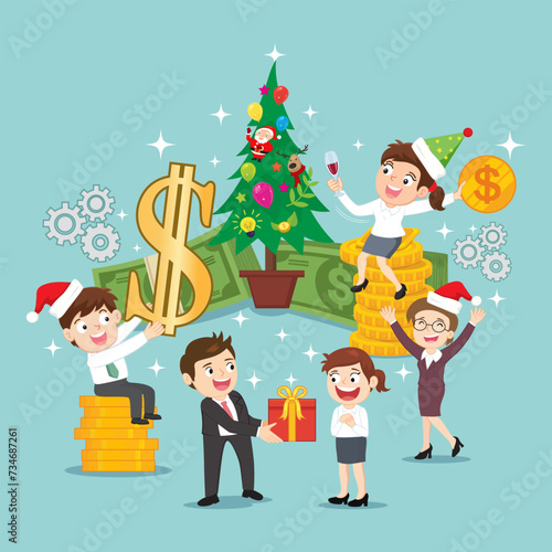 Successful entrepreneur business team in celebration party standing near big Christmas tree with gift box. Christmas gifts and presents concept.illustration vector eps10 cartoon.