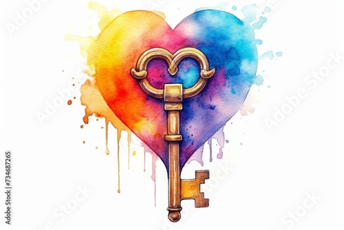 Colorful heart-shaped key depicted in watercolor cartoon style. Generative AI