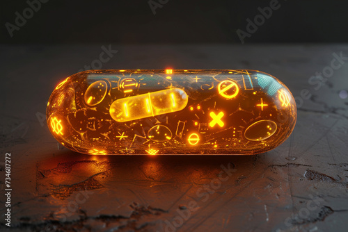 3D render of a mystical glowing pill with fantasy symbols and runes