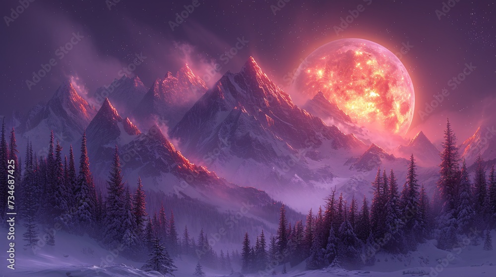 Snowy Mountain Scenery with a Full Moon Rising Generative AI