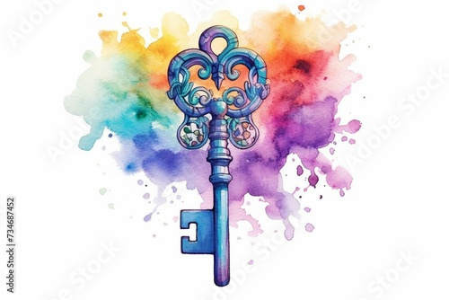 Colorful heart-shaped key depicted in watercolor cartoon style. Generative AI