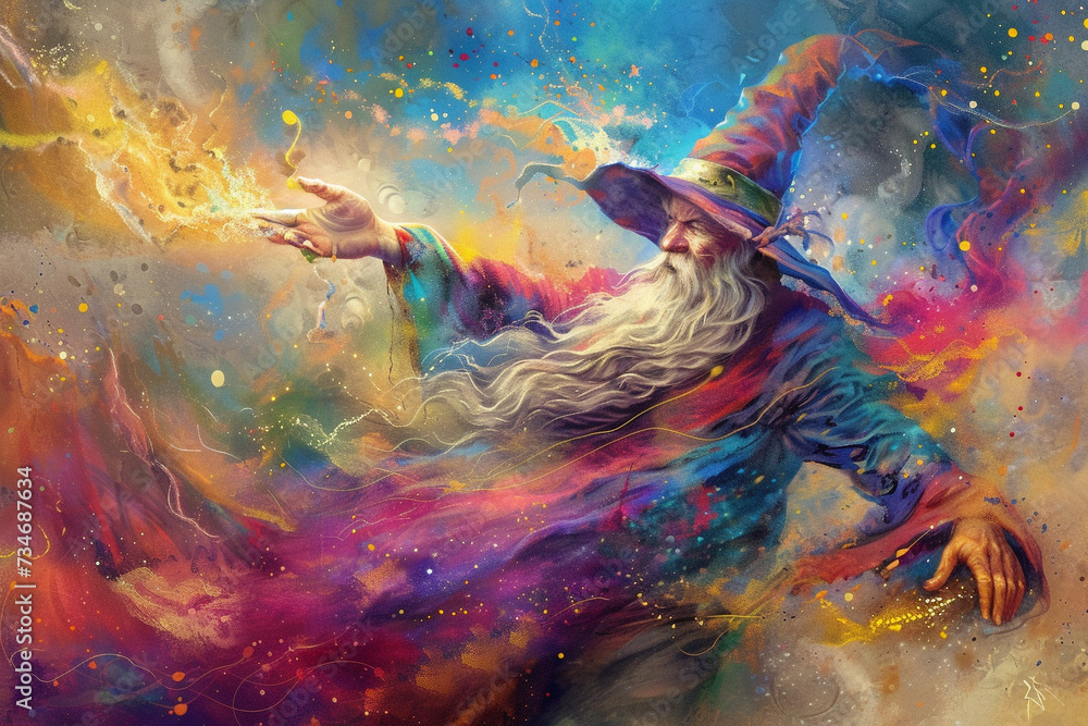 A jovial wizard celebrating a successful spell full of rich colors vibrant elements and joyful tones as a unique painting