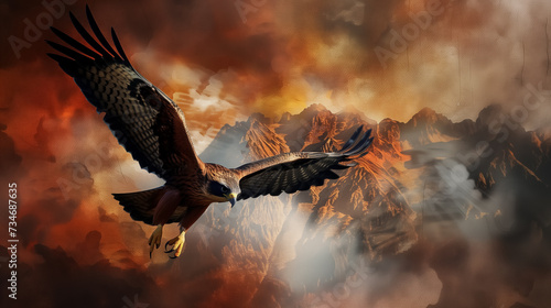 Eagle soaring against a fiery mountainous backdrop. © RISHAD