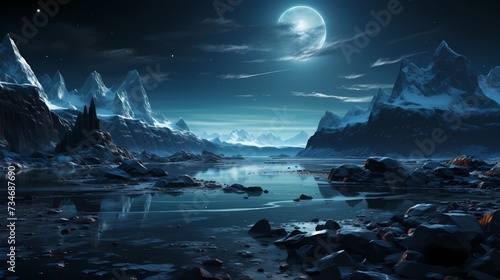 A secluded obsidian black lake embraced by towering icebergs, with the night sky showcasing the ethereal beauty of the Southern Cross constellation
