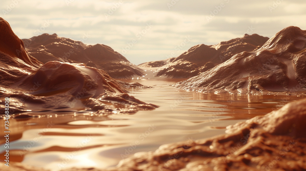 A unique landscape where the shifting desert dunes slowly change into flowing rivers of chocolate dessert - obrazy, fototapety, plakaty 