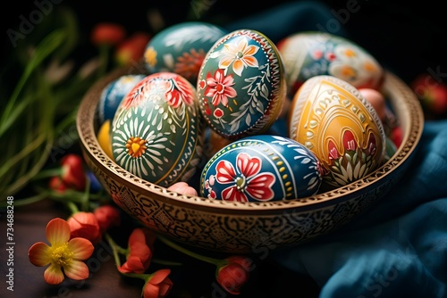 A arrangement of hand-painted eggs with intricate designs and patterns nestled within a bowl against a dark, moody background