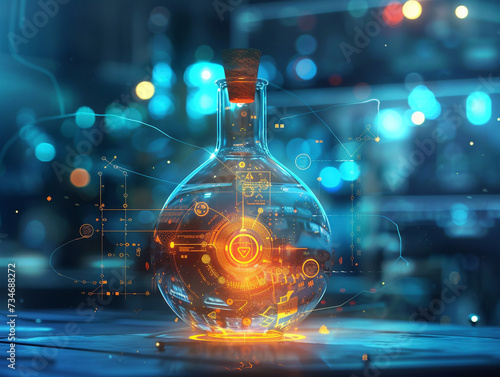 An ethereal potion bottle glowing with futuristic technology elements