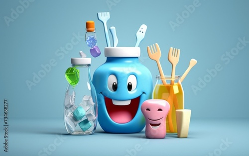Smiley Face Blue Jar Surrounded by Plastic Utensils