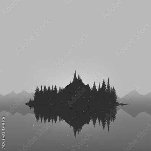 Artistic minimal landscape using grayscale color palette showcasing a solitary island in the middle of a serene lake under a starry night sky