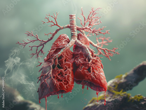 An intricate 3D artwork aiming for absolute realism featuring a melting human lung against a stark and unique background