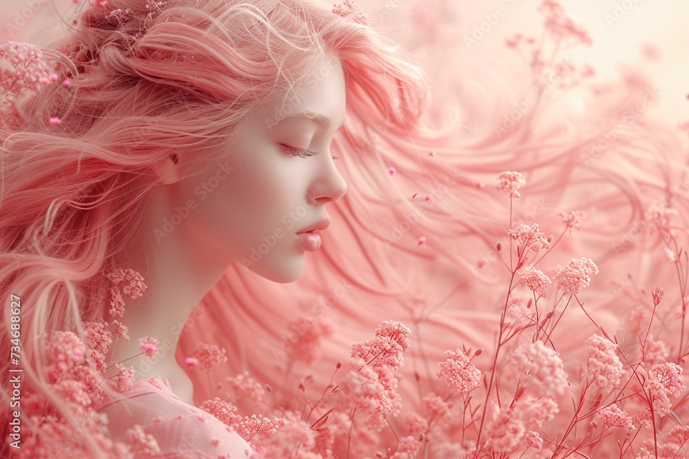 Pink Hair, Pink Flowers: A Blend of Beauty and Spring Generative AI Pink Hair, Pink Flowers: A Blend of Beauty and Spring Generative AI
