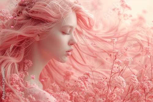 Pink Hair, Pink Flowers: A Blend of Beauty and Spring Generative AI