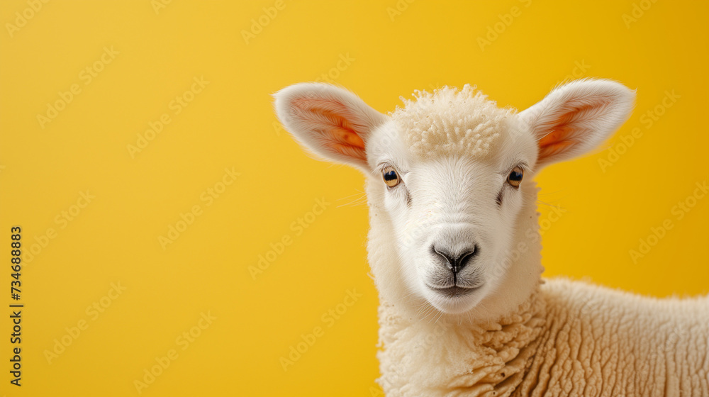 Funny face white sheep isolated on pastel yellow background. Funny face white sheep isolated on pastel yellow background.