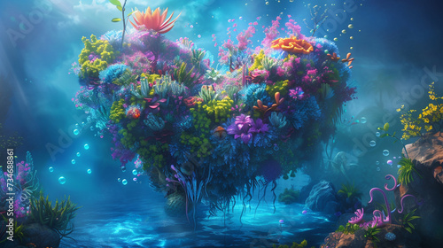 Illustrate a backdrop background of a fantasy inspired heart shaped island teeming with magical creatures and filled with vibrant luminescent flora