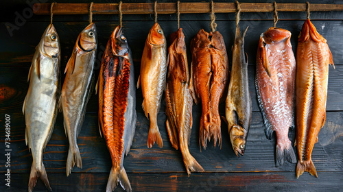 Five Different Types of Fish Hanging on a Wooden Wall