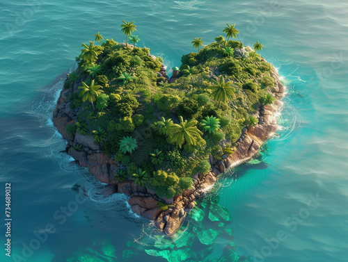 Portray a charming heart shaped tropical island with lush greenery and clear blue seas in a 3D rendered illustration