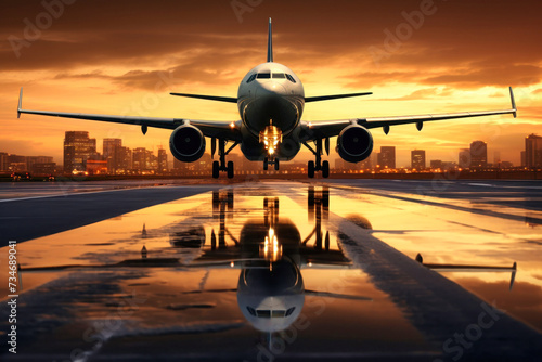 A passenger plane lands against the backdrop of sunset at the airport. Travel and tourism.