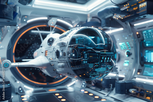 Visualise a unique and realistic 3D rendered backdrop background featuring a spaceship combined with finance elements