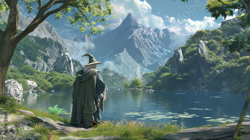 Scenery filled with powerful wizard in a state of serenity against a tranquil magical lake executed as a detailed scenic backdrop