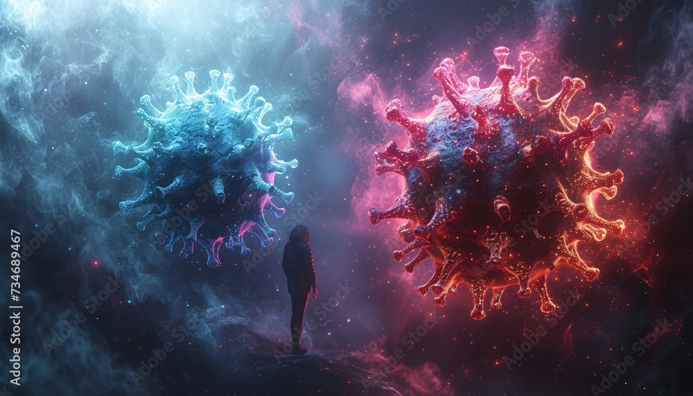 Pink and Blue Virus: A Colorful and Intriguing Portrayal of the Coronavirus Generative AI - obrazy, fototapety, plakaty 