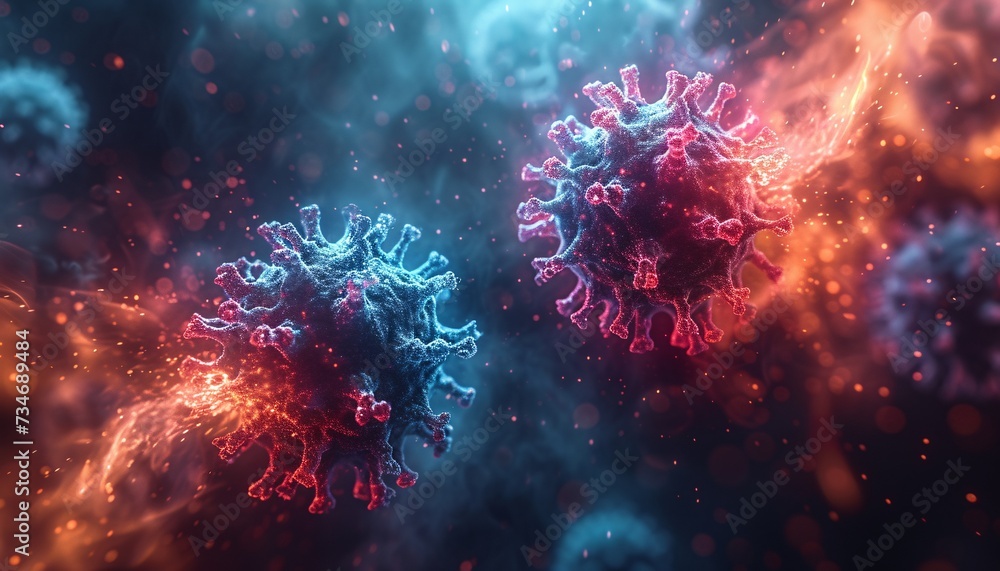 Pink and Blue Virus Cells: A Colorful Display of Immune System Defense Generative AI Pink and Blue Virus Cells: A Colorful Display of Immune System Defense Generative AI