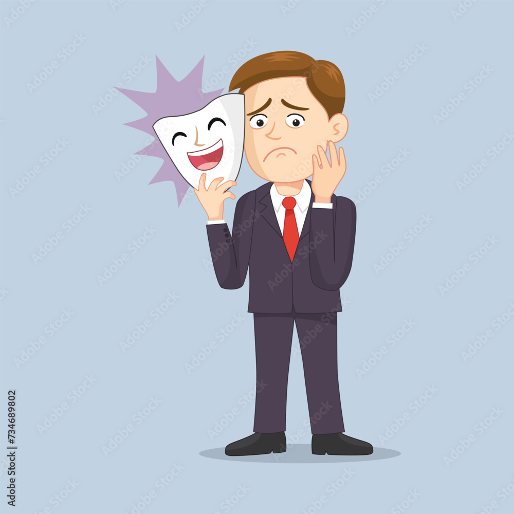 Sad man hiding behind a happy and smiling mask. Concept of masking in psychology.illustration vector eps10 cartoon. Sad man hiding behind a happy and smiling mask. Concept of masking in psychology.illustration vector eps10 cartoon.