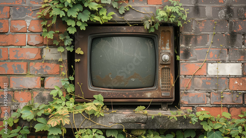 Vintage TV overgrown with ivy.