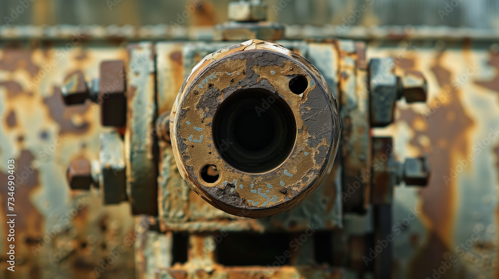 Rusted pipe end on a decayed machine.