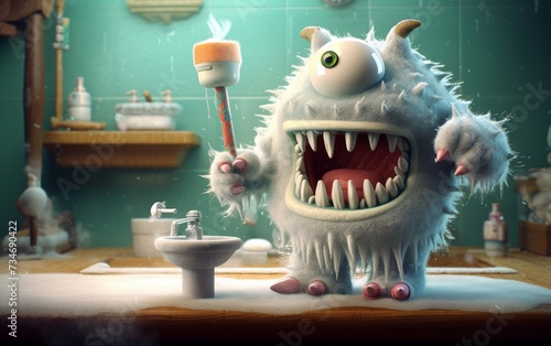 Monster With a Toothbrush in Bathroom Scene