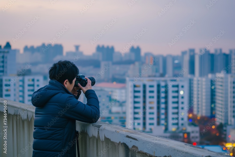 photographer taking shots from wall, cityscape behind