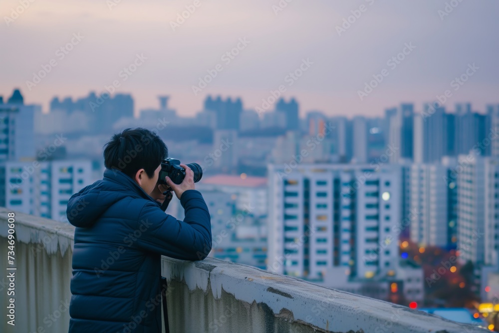 photographer taking shots from wall, cityscape behind photographer taking shots from wall, cityscape behind