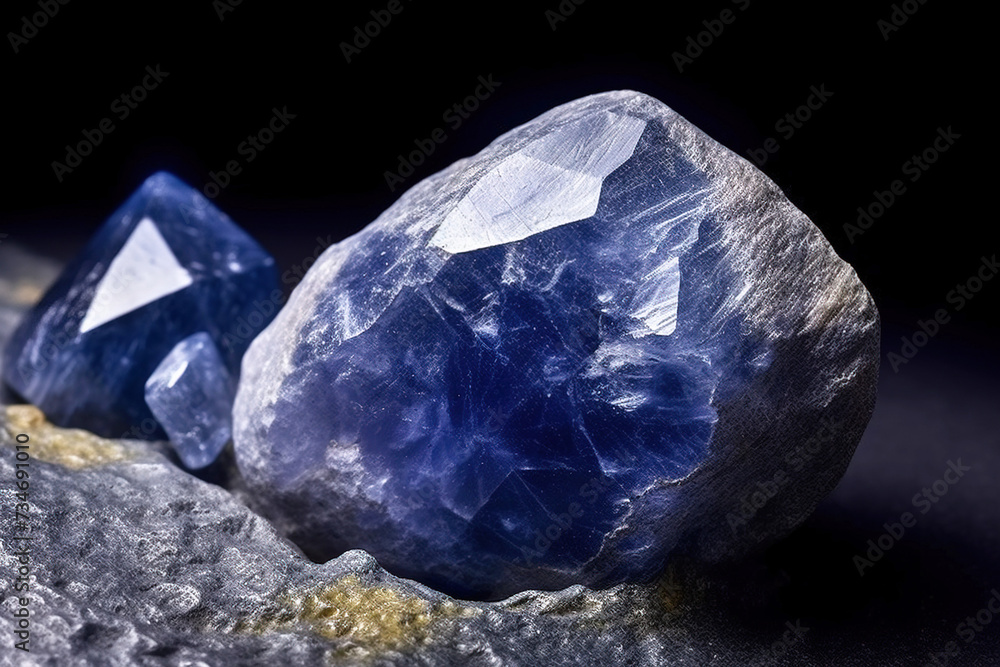 Benitoite is a rare precious natural stone on a black background. AI generated. Header banner mockup with space.