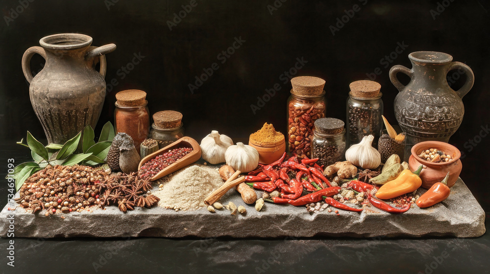 Assorted Food Spread on Table, Delicious Variety of Flavors and Spices