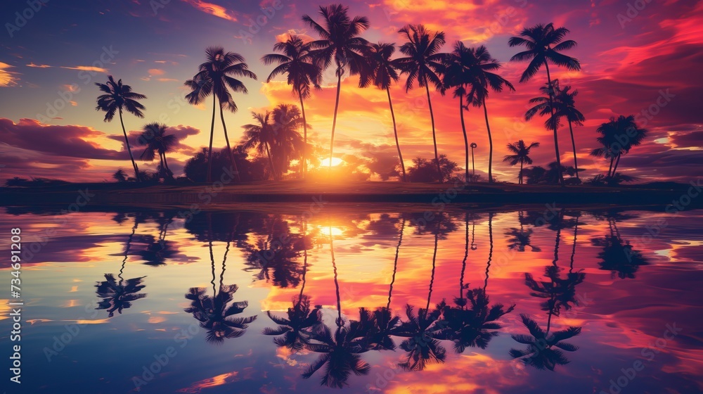 Vibrant aesthetic art collage of nature with palm trees in a captivating retro wave style