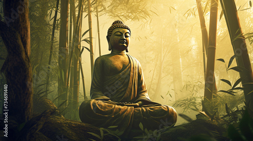 Hindu ancient religious buddha statue in dense tropical forest jungle. photo