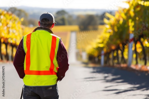 worker in hivis vest waiting at a stop, vineyard in the distance