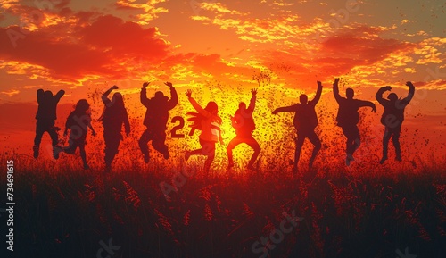 Sunset Celebration  A Group of People Jumping in the Air Generative AI