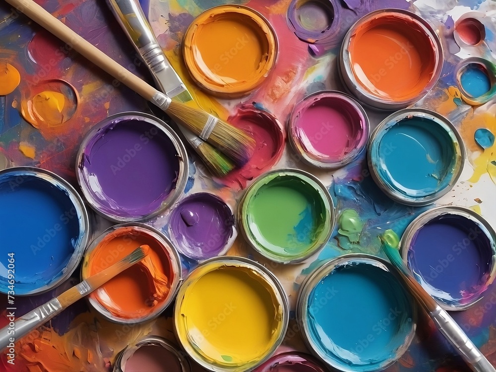 Fototapeta premium A vibrant and dynamic paint palette, bursting with a rainbow of colors, ready to inspire your next creative masterpiece.