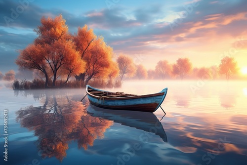 Tranquil dawn  lonely wooden boat on lake, reflecting peace and nature s serenity