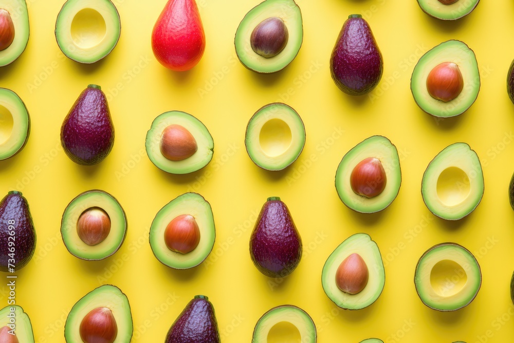 Avocado pattern on yellow background. Top view. Flat lay. Avocado pattern on yellow background. Top view. Flat lay.