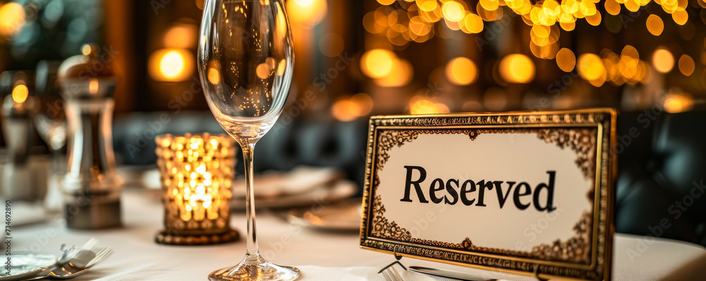 Elegant reserved sign placed on a white linen tablecloth at a fine dining restaurant, with wine glasses and bokeh lights in the background, creating a sophisticated and exclusive atmosphere